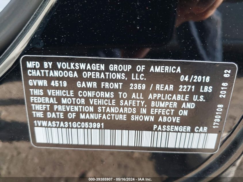 2016 Volkswagen Passat 1.8T S VIN: 1VWAS7A31GC053991 Lot: 39385907