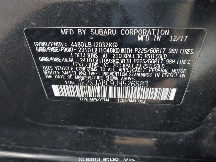 2018 Subaru Forester 2.5I VIN: JF2SJABC9JH526683 Lot: 39385908