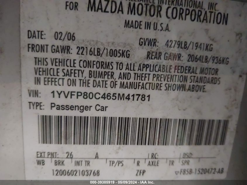 2006 Mazda Mazda6 I VIN: 1YVFP80C465M41781 Lot: 39385919