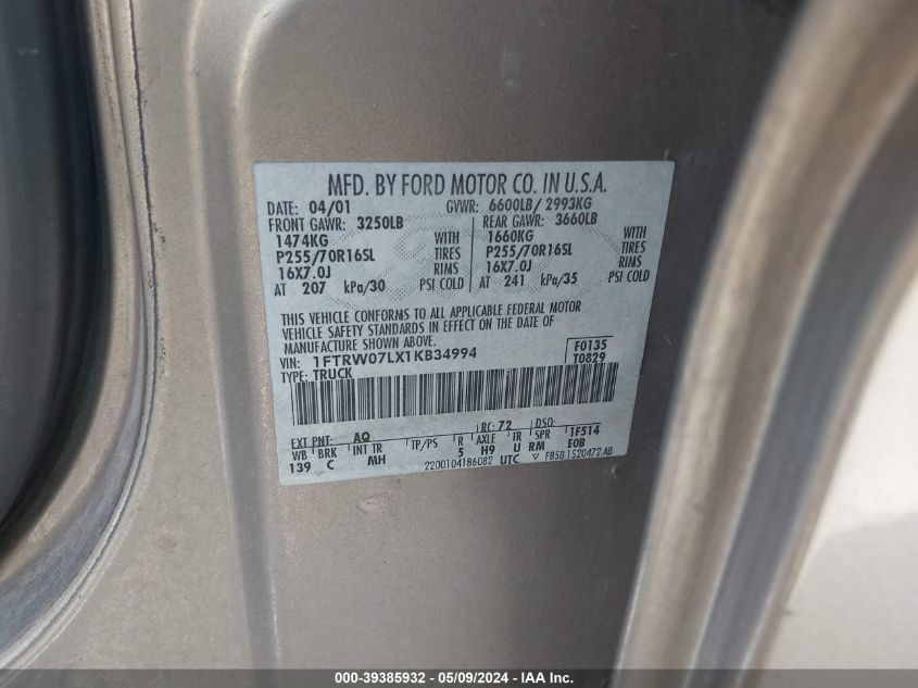 2001 Ford F-150 Harley-Davidson Edition/King Ranch Edition/Lariat/Xlt VIN: 1FTRW07LX1KB34994 Lot: 39385932