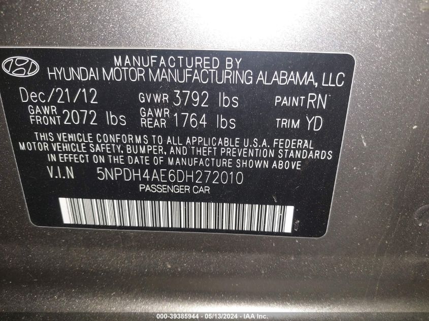 2013 Hyundai Elantra Gls/Limited VIN: 5NPDH4AE6DH272010 Lot: 39385944