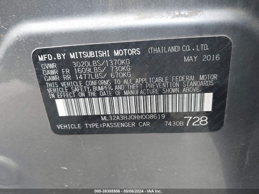 2017 Mitsubishi Mirage Es VIN: ML32A3HJ0HH008619 Lot: 39385956