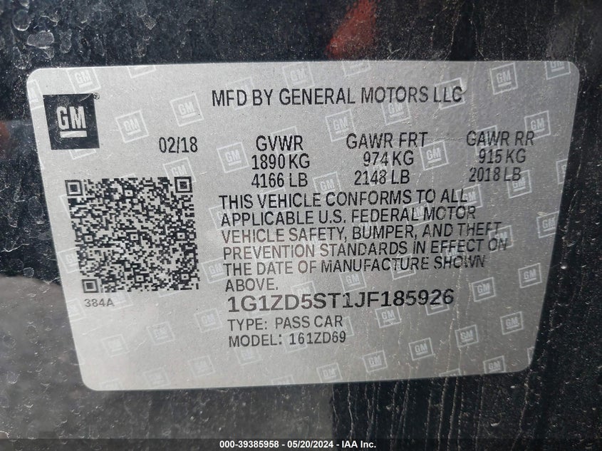 2018 Chevrolet Malibu Lt VIN: 1G1ZD5ST1JF185926 Lot: 39385958