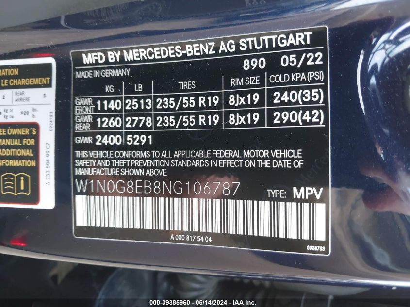 2022 Mercedes-Benz Glc 300 4Matic Suv VIN: W1N0G8EB8NG106787 Lot: 39385960