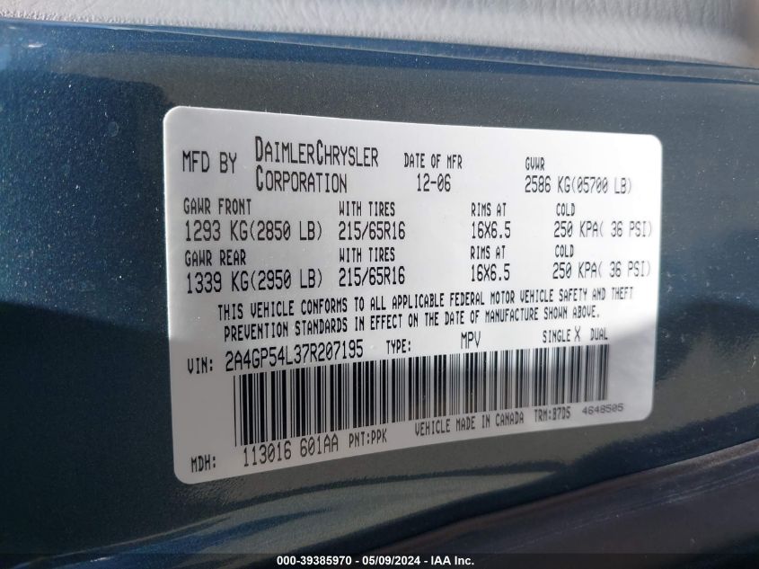 2007 Chrysler Town & Country Touring VIN: 2A4GP54L37R207195 Lot: 39385970