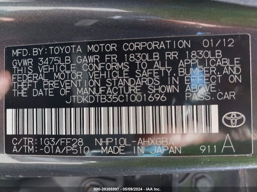 2012 Toyota Prius C Three VIN: JTDKDTB35C1001696 Lot: 39385997