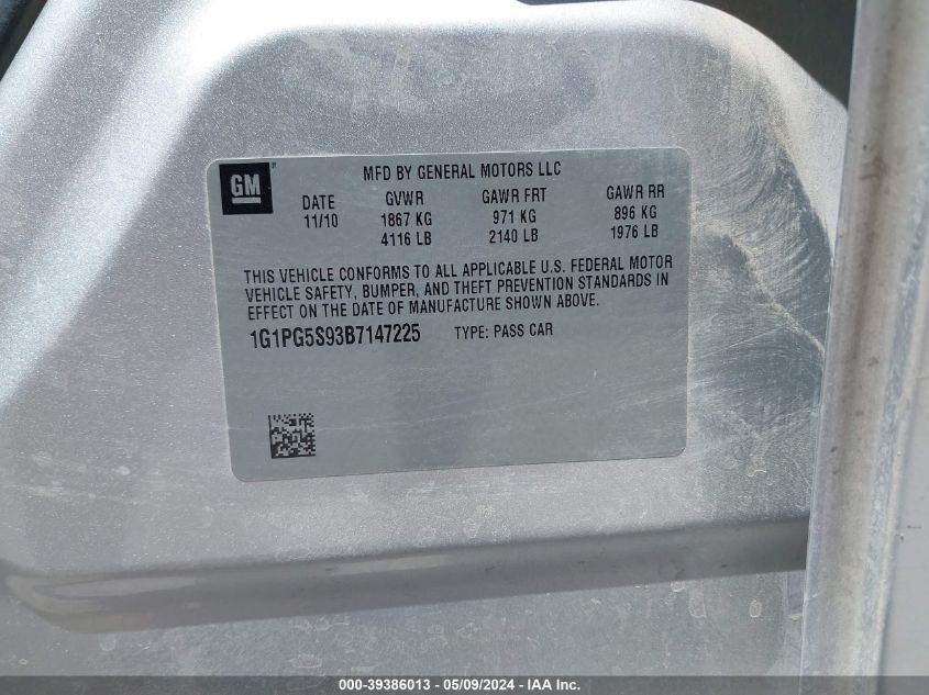 2011 Chevrolet Cruze 2Lt VIN: 1G1PG5S93B7147225 Lot: 39386013