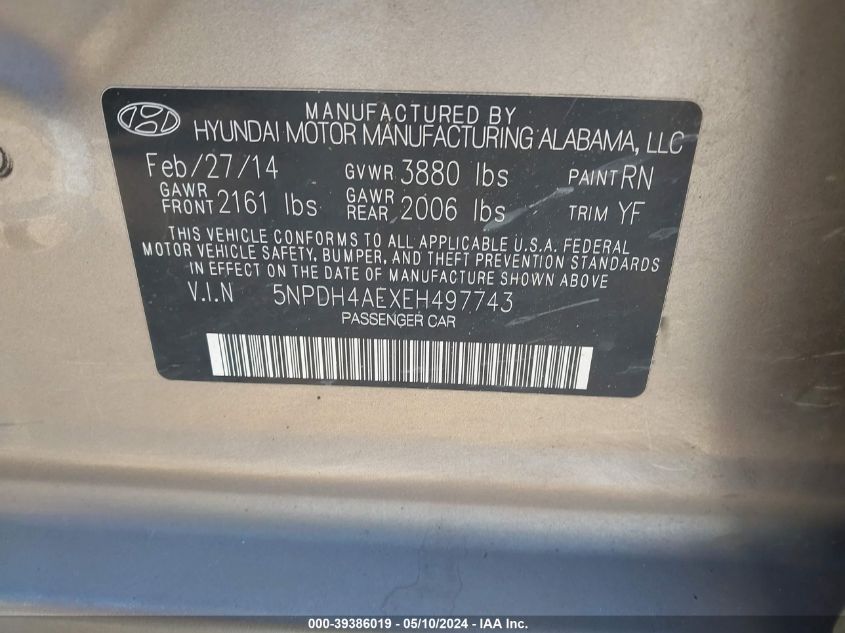 2014 Hyundai Elantra Limited VIN: 5NPDH4AEXEH497743 Lot: 39386019