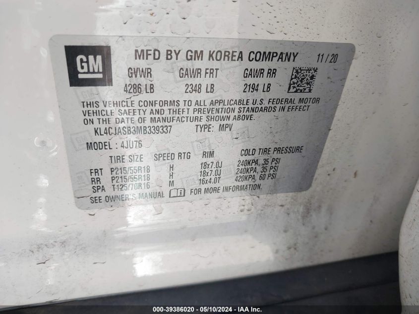 2021 Buick Encore Fwd Preferred VIN: KL4CJASB3MB339337 Lot: 39386020