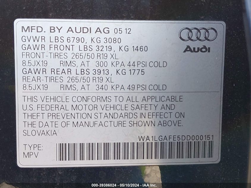 2013 Audi Q7 3.0T Premium VIN: WA1LGAFE5DD000151 Lot: 39386024