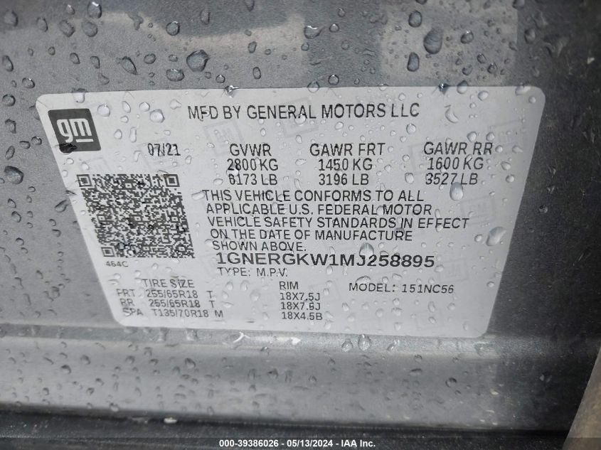 2021 Chevrolet Traverse Fwd Lt Cloth VIN: 1GNERGKW1MJ258895 Lot: 39386026