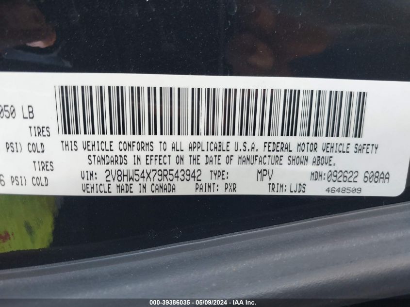 2009 Volkswagen Routan Sel VIN: 2V8HW54X79R543942 Lot: 39386035