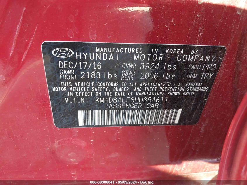 VIN KMHD84LF8HU354611 2017 HYUNDAI ELANTRA VALUE EDITION