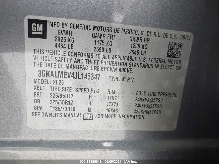 2018 GMC Terrain Sle VIN: 3GKALMEV4JL145347 Lot: 39386049