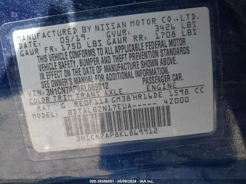 2019 Nissan Versa 1.6 Sv VIN: 3N1CN7AP8KL869912 Lot: 39386051