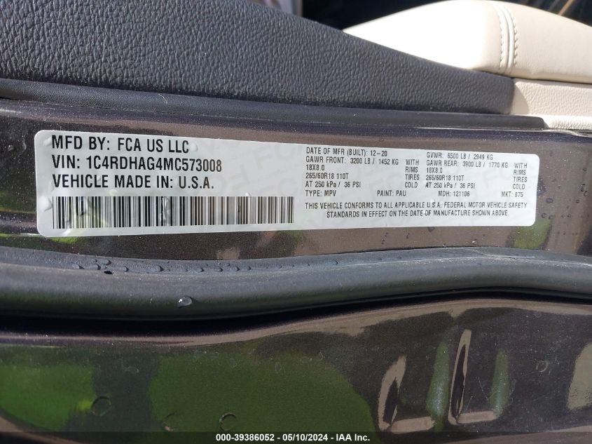 2021 Dodge Durango Sxt Plus Rwd VIN: 1C4RDHAG4MC573008 Lot: 39386052