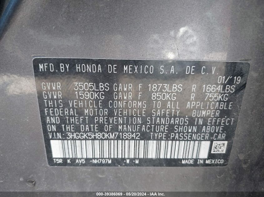 2019 Honda Fit Ex VIN: 3HGGK5H80KM718942 Lot: 39386069