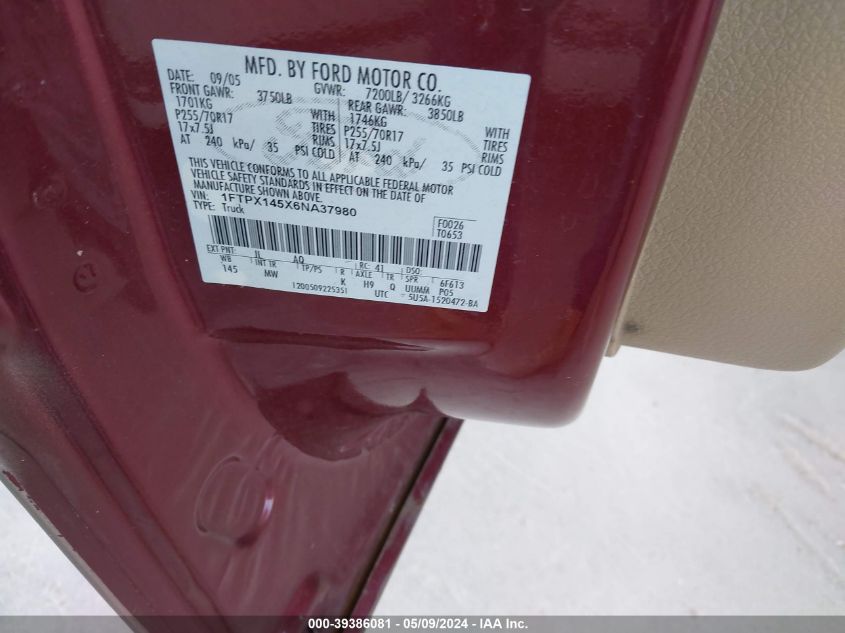 2006 Ford F-150 Fx4/Lariat/Xl/Xlt VIN: 1FTPX145X6NA37980 Lot: 39386081