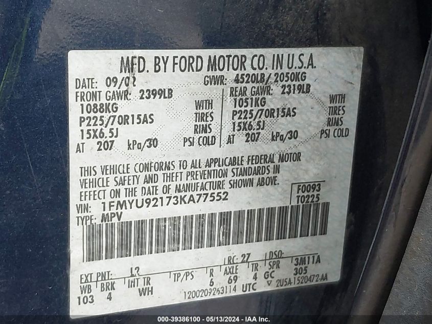 2003 Ford Escape Xls VIN: 1FMYU92173KA77552 Lot: 39386100