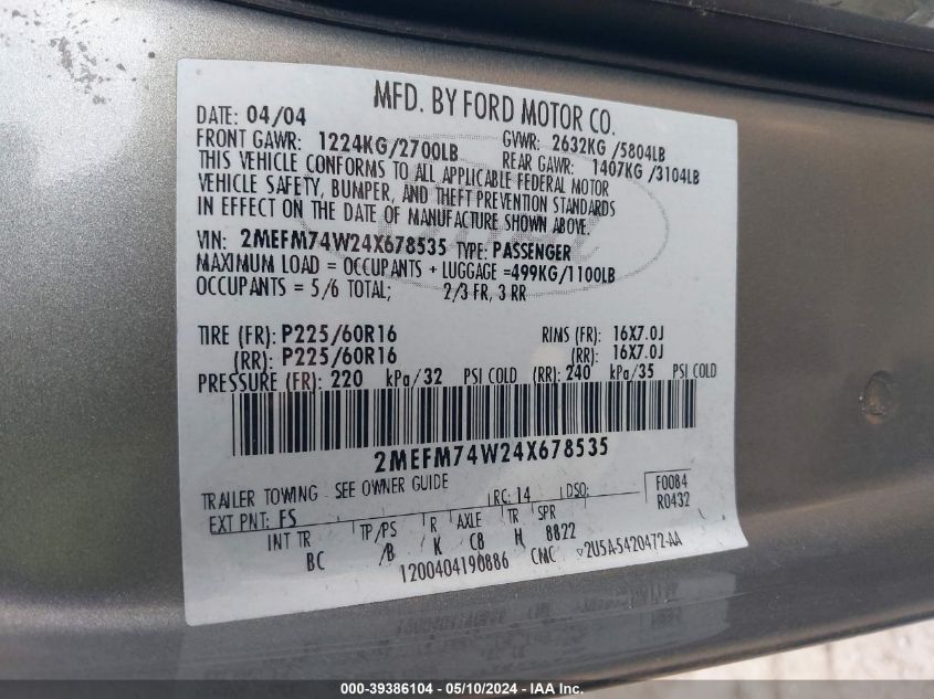 2004 Mercury Grand Marquis Gs VIN: 2MEFM74W24X678535 Lot: 39386104