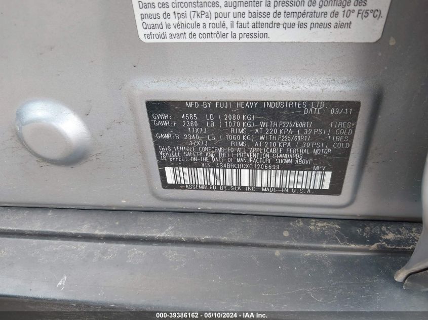 2012 Subaru Outback 2.5I Premium VIN: 4S4BRCBCXC1206699 Lot: 39386162