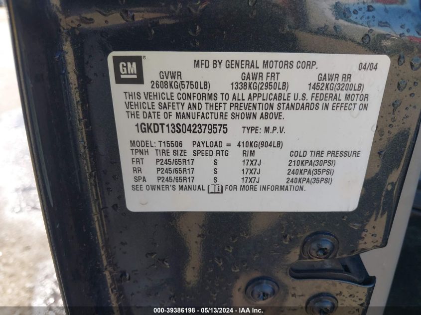 2004 GMC Envoy Slt VIN: 1GKDT13S042379575 Lot: 39386198