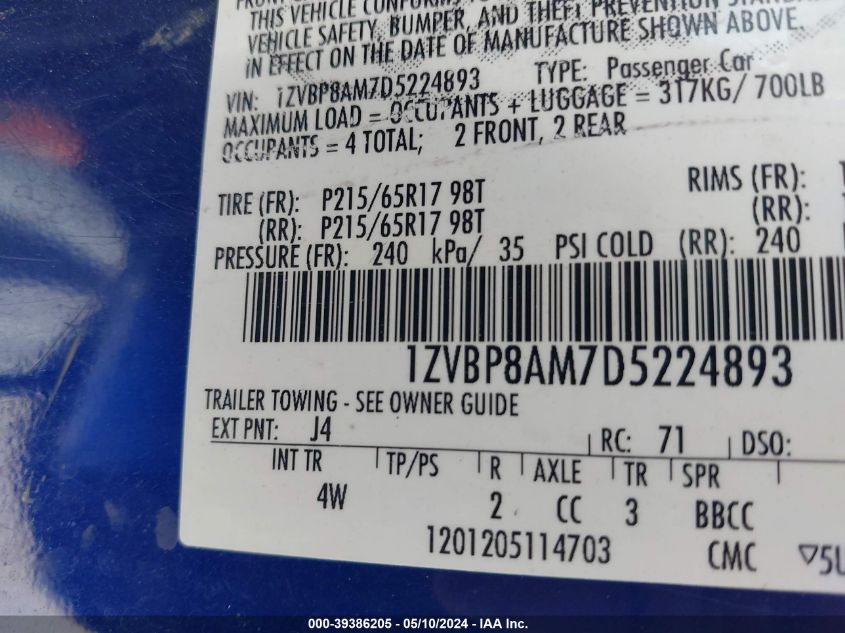 2013 Ford Mustang V6 Premium VIN: 1ZVBP8AM7D5224893 Lot: 39386205