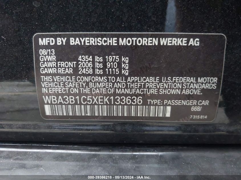 2014 BMW 320I VIN: WBA3B1C5XEK133636 Lot: 39386218