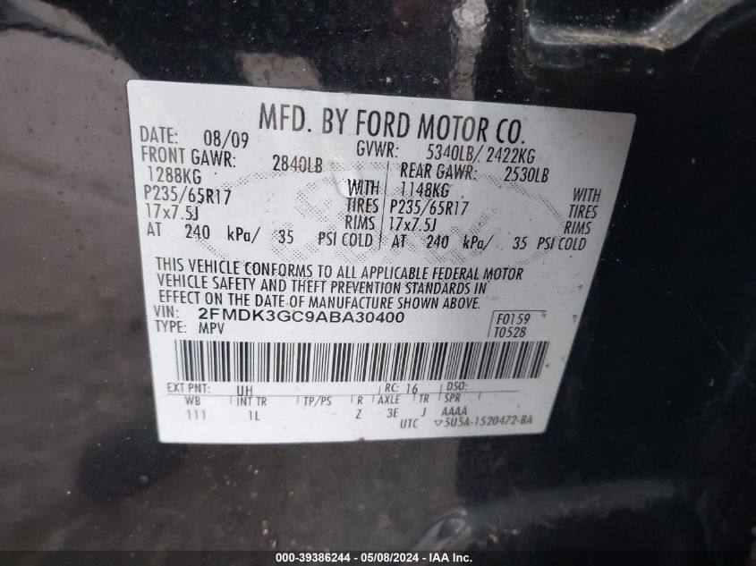 2010 Ford Edge Se VIN: 2FMDK3GC9ADA30400 Lot: 39386244