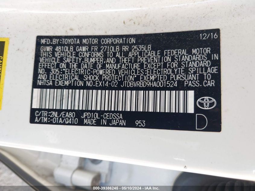 2017 Toyota Mirai VIN: JTDBVRBD9HA001524 Lot: 39386245