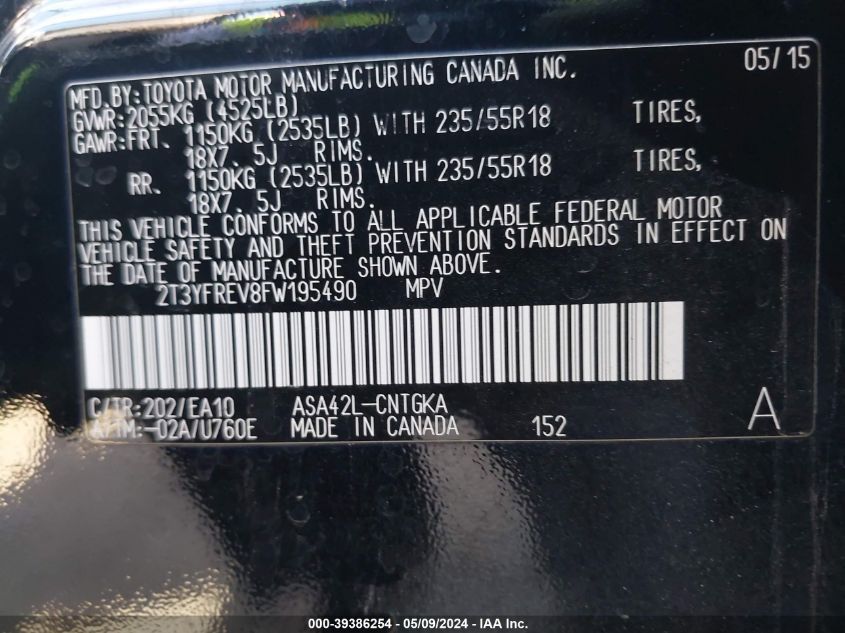 2015 TOYOTA RAV4 LIMITED - 2T3YFREV8FW195490