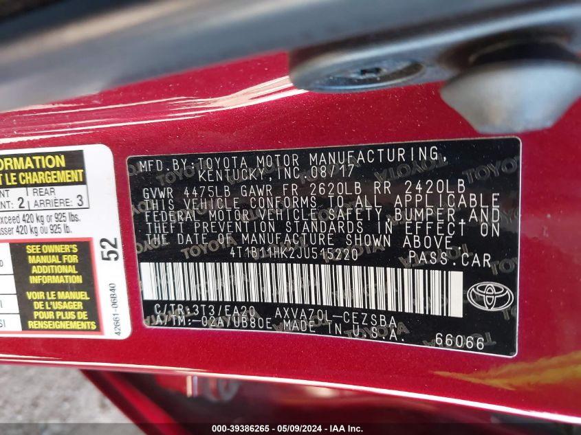 2018 TOYOTA CAMRY L/LE/XLE/SE/XSE - 4T1B11HK2JU515220