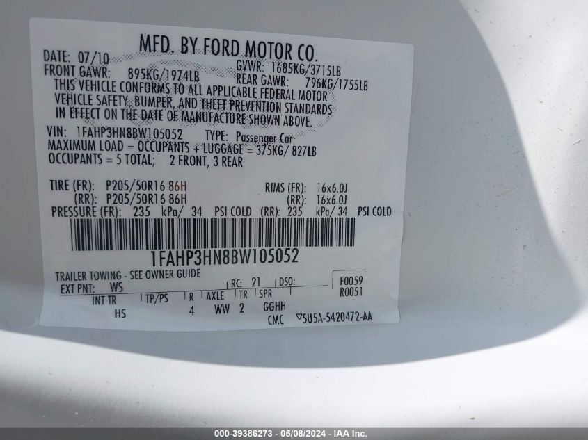 2011 Ford Focus Sel VIN: 1FAHP3HN8BW105052 Lot: 39386273