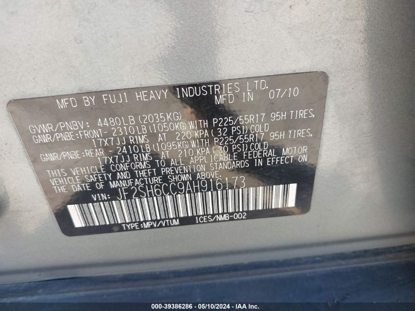 2010 Subaru Forester 2.5X Premium VIN: JF2SH6CC9AH916173 Lot: 39386286