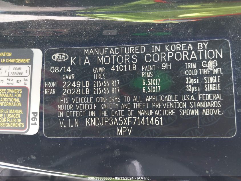 2015 Kia Soul + VIN: KNDJP3A5XF7141461 Lot: 39386300