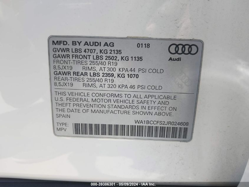 2018 Audi Q3 2.0T Premium/2.0T Sport Premium VIN: WA1BCCFS2JR024608 Lot: 39386301