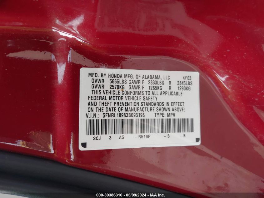 2003 Honda Odyssey Ex-L VIN: 5FNRL18983B093198 Lot: 39386310