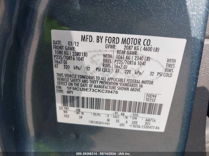 2012 Ford Escape Limited VIN: 1FMCU9E73CKC39476 Lot: 39386314