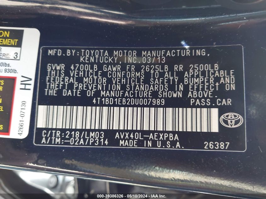 2013 Toyota Avalon Hybrid Limited VIN: 4T1BD1EB2DU007989 Lot: 39386326