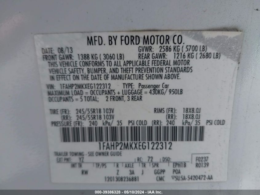 2014 Ford Police Interceptor VIN: 1FAHP2MKXEG122312 Lot: 39386328