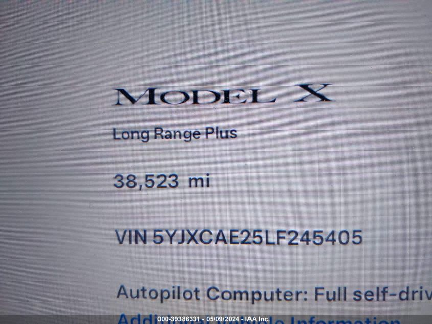 2020 Tesla Model X VIN: 5YJXCAE25LF245405 Lot: 39386331