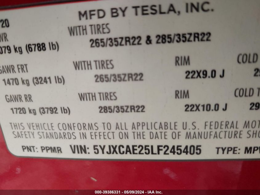 2020 Tesla Model X VIN: 5YJXCAE25LF245405 Lot: 39386331