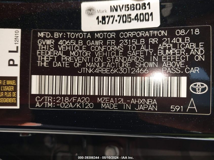 2019 Toyota Corolla Se VIN: JTNK4RBE6K3012466 Lot: 39386344