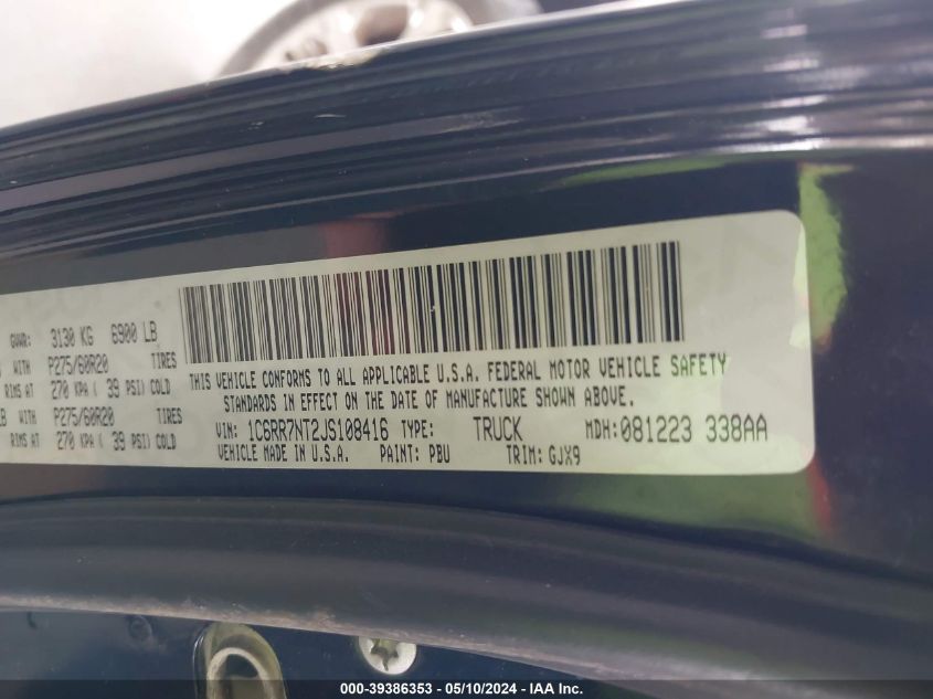 2018 Ram 1500 Laramie 4X4 5'7 Box VIN: 1C6RR7NT2JS108416 Lot: 39386353