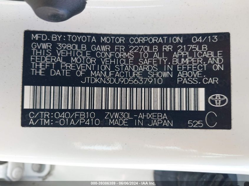 2013 Toyota Prius Two VIN: JTDKN3DU9D5637910 Lot: 39386359