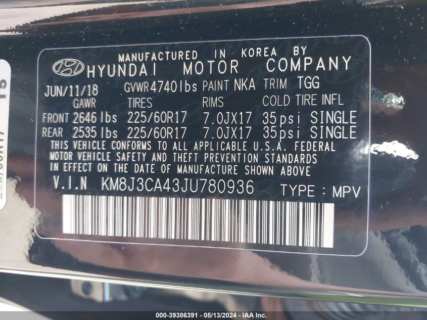 2018 Hyundai Tucson Sel VIN: KM8J3CA43JU780936 Lot: 39386391