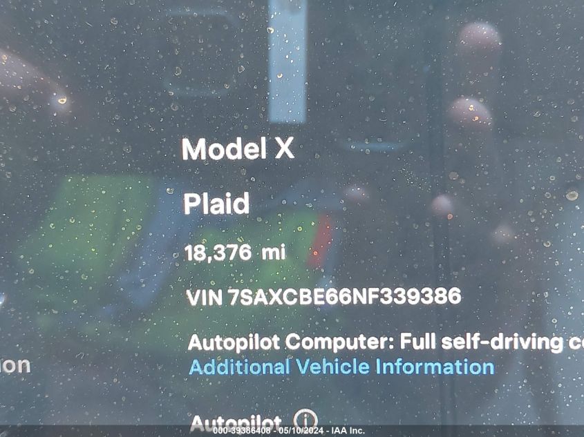 2022 Tesla Model X Plaid Tri Motor All-Wheel Drive VIN: 7SAXCBE66NF339386 Lot: 39386408