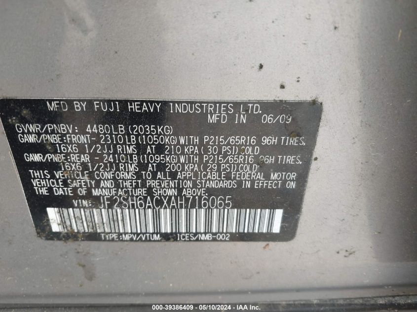 2010 Subaru Forester 2.5X VIN: JF2SH6ACXAH716065 Lot: 39386409