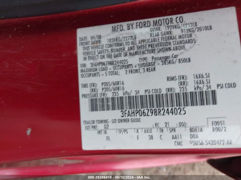 2008 Ford Fusion S VIN: 3FAHP06Z98R244025 Lot: 39386418