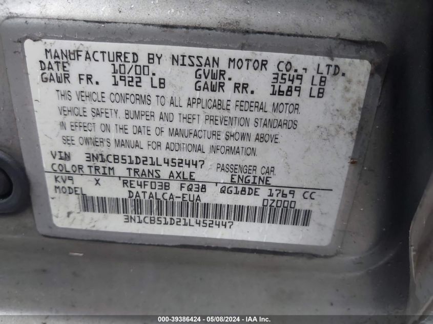 2001 Nissan Sentra Xe VIN: 3N1CB51D21L452447 Lot: 39386424